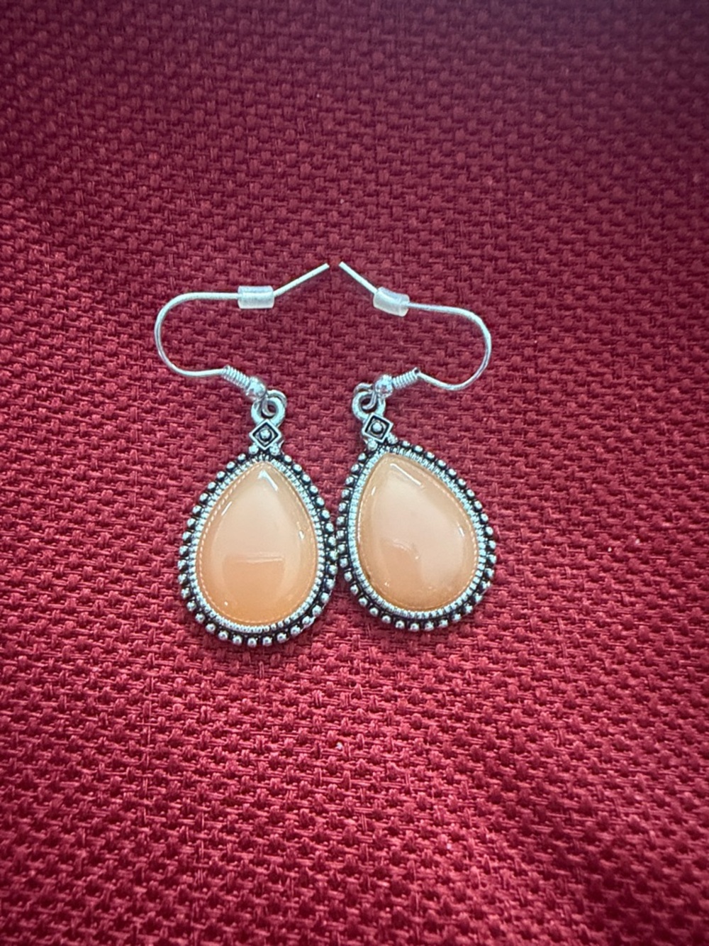 Peach Teardrop Dangle Earrings with Silver Bezel